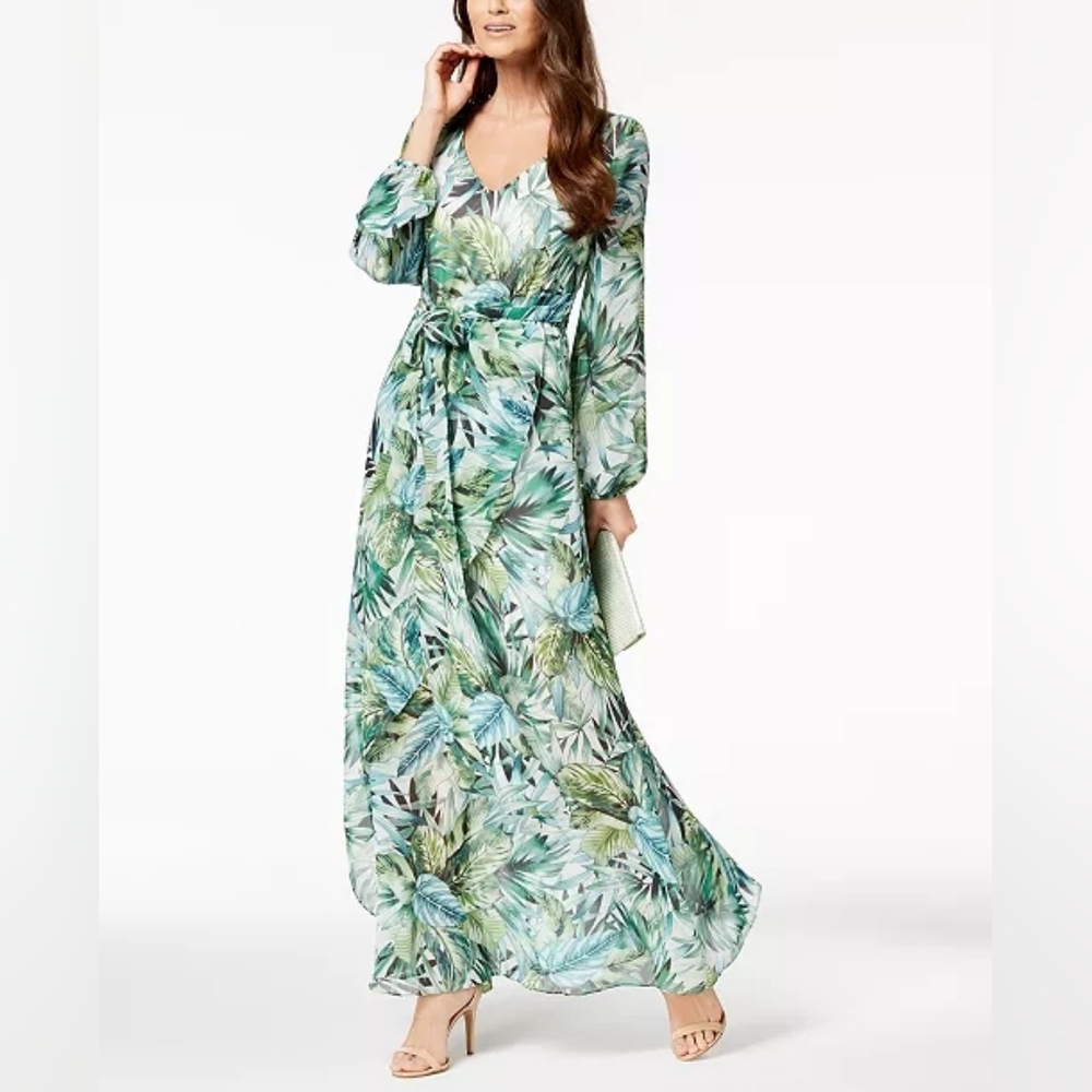 Nine West Green Leaf Print Long Sleeve Dress